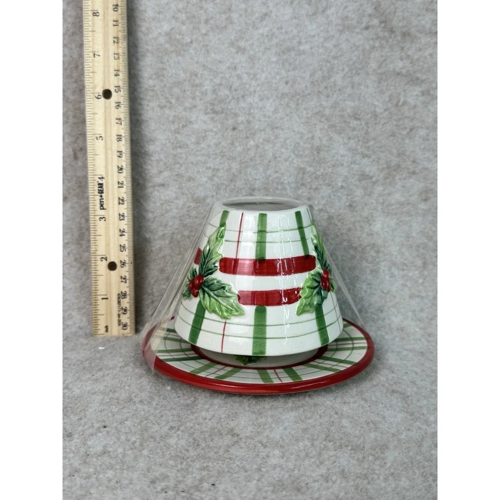 Red, White & Green Plaid Ceramic Jar Candle Lamp & Underplate W/ Holly Motif 3 ½